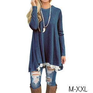 Blue Long Sleeve Lace Hem Tunic M-XXL